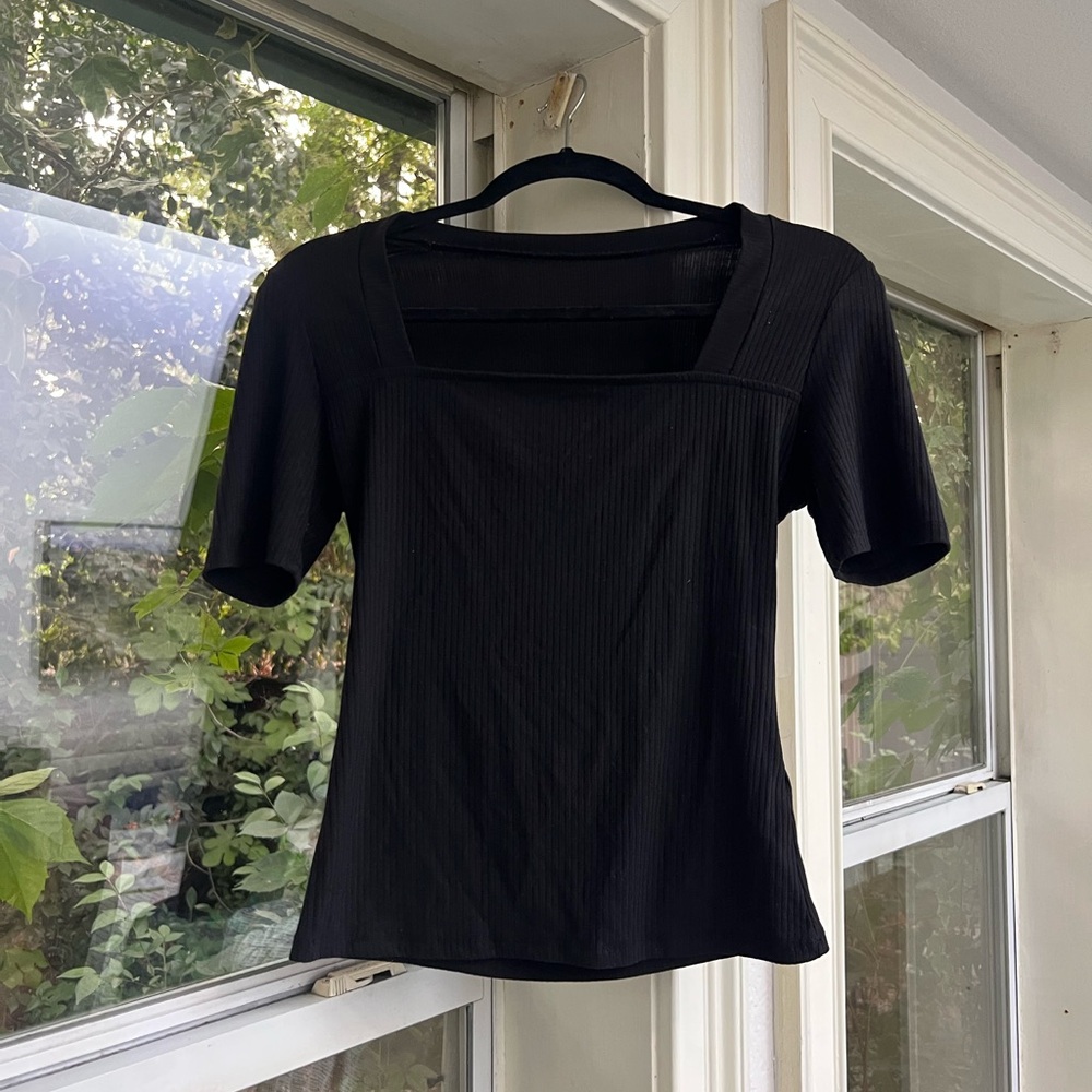 Black Ribbed Square Neck Top